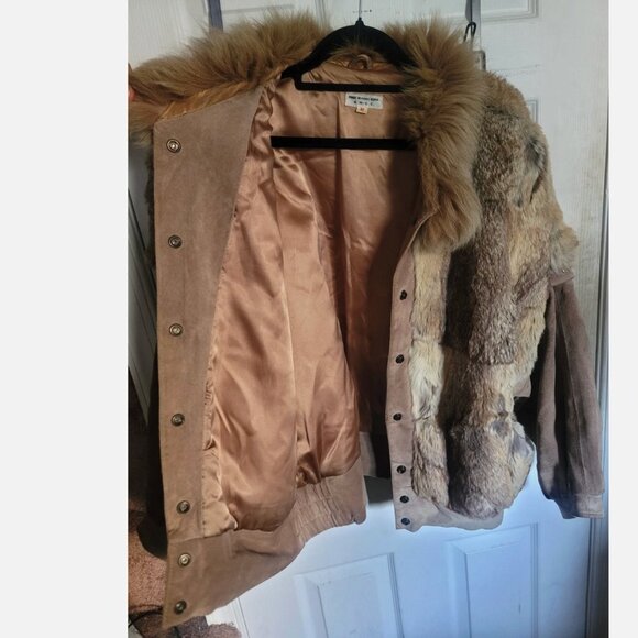 VTG Rabbit Fur Suede Bomber Jacket Convertible Vest Removable Sleeves Women M - Picture 6 of 16